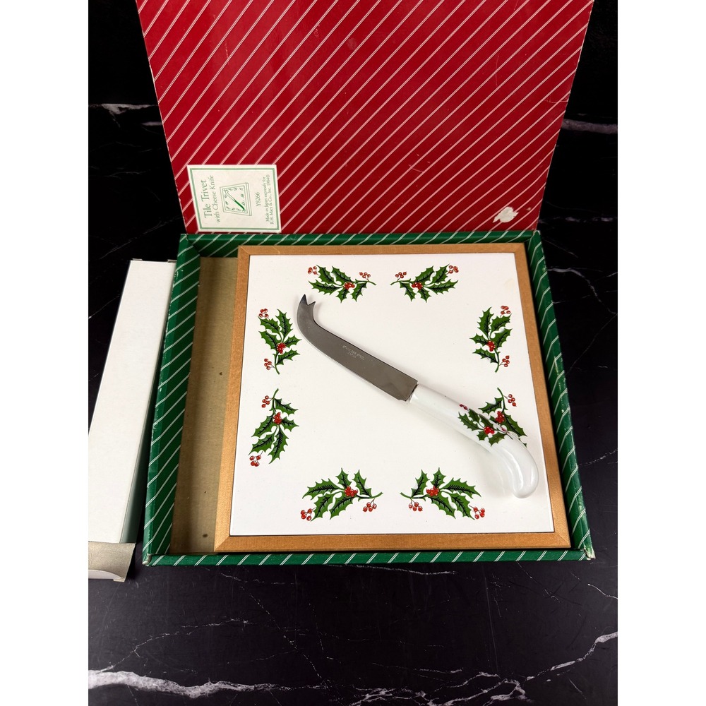 Vintage NIB Macy's 1984 Tile Trivet and Cheese Spreader 8.5in Holly Berries